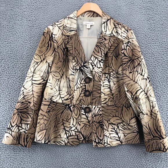Coldwater Creek Blazer Womens 10 Brown Floral Button Stretch Notch Collar Work - Picture 1 of 12